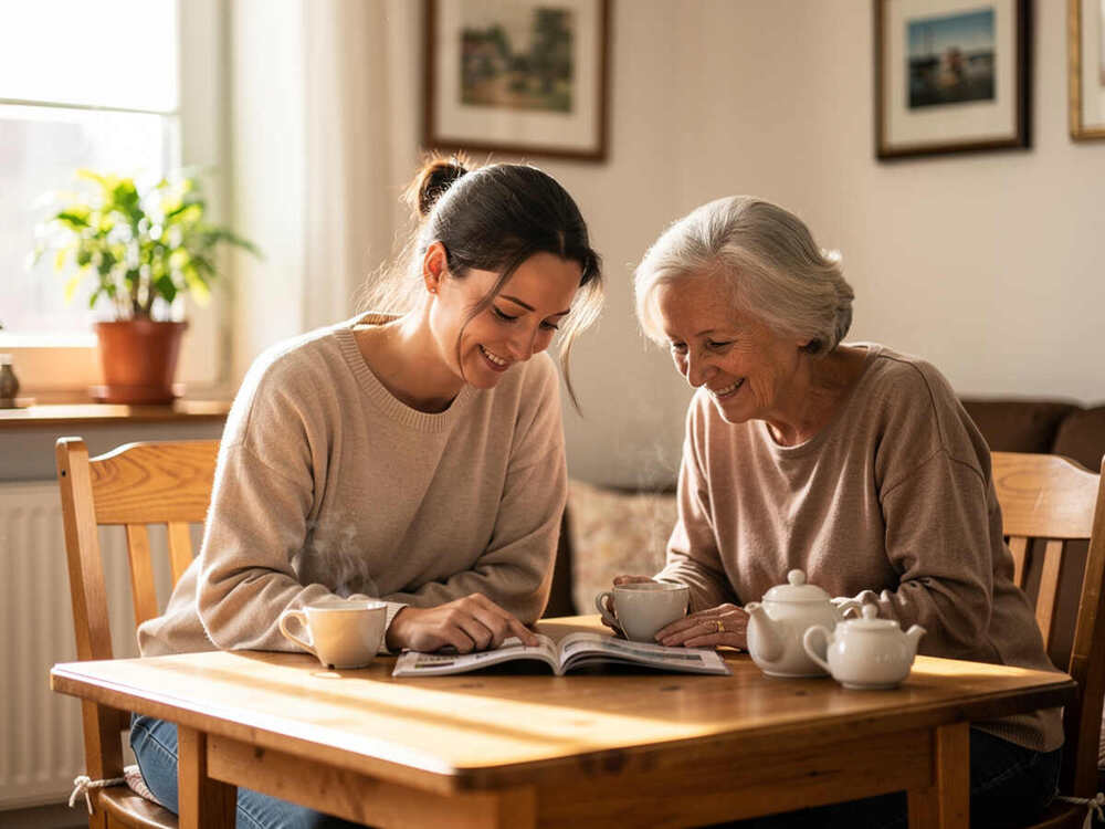 Symbolic image: an adviser and an older woman look at a brochure together at the living-room table