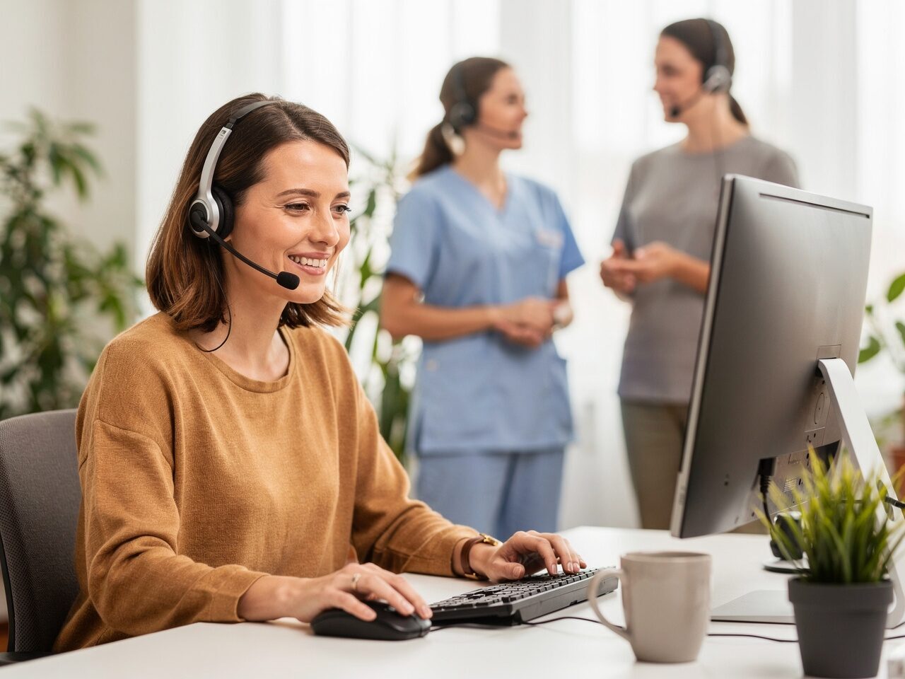 Symbolic image: a staff member with a headset talks on the phone at her desk while a nurse and a colleague chat in the background