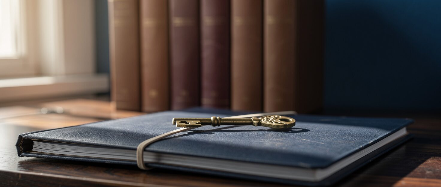 Symbolic image: An old brass key lies on a closed dark blue file in front of a row of law books