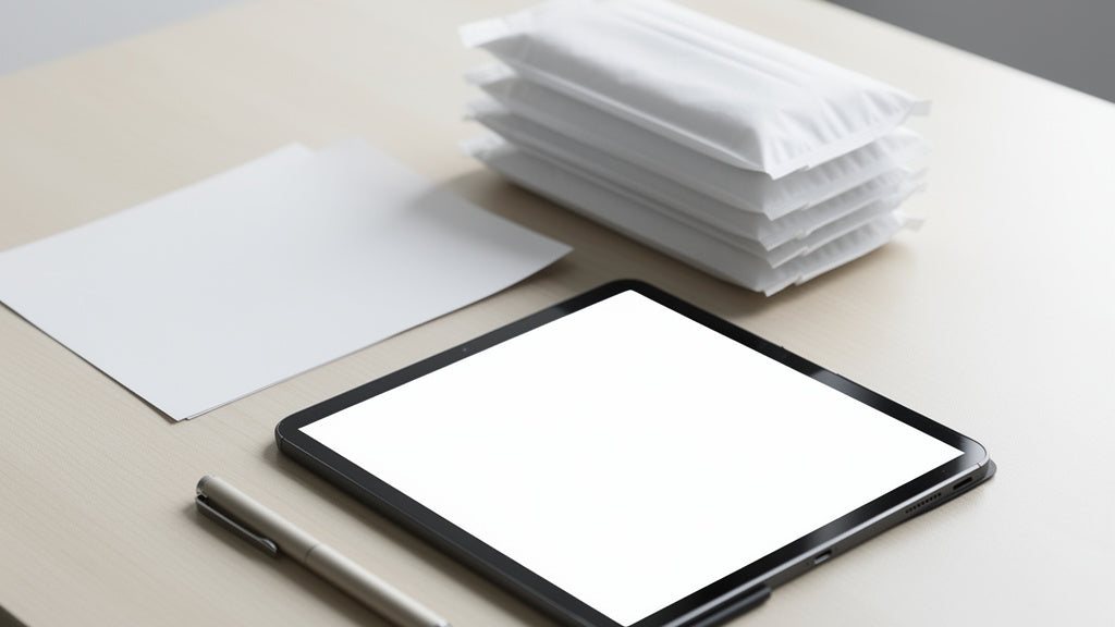 Symbolbild: Tablet mit leerem Bildschirm neben einem unbedruckten Blatt Papier, einem Stift und weißen Verpackungen für medizinische Hilfsmittel auf einem Holztisch
