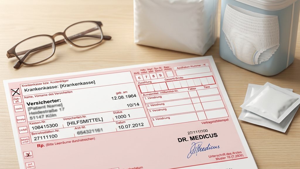 Symbolic image: Pink health insurance prescription for a medical aid on a wooden table, next to a pair of glasses, a pack of incontinence pads and a tin of incontinence pants