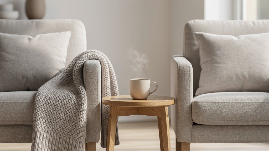 Symbolbild: Zwei helle Polstersessel nebeneinander in einem hellen Wohnzimmer, über der linken Lehne eine graue Strickdecke, dazwischen ein kleiner runder Holztisch mit einer dampfenden Tasse