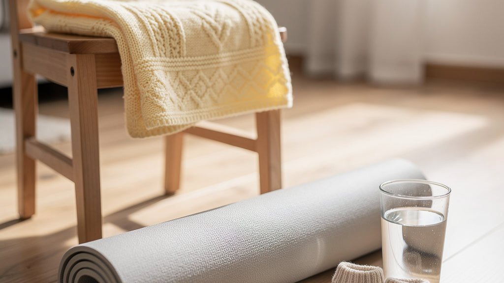 Symbolbild: Zusammengerollte graue Gymnastikmatte auf hellem Holzboden in einem sonnigen Wohnzimmer, daneben ein Glas Wasser und ein Paar kleine beige Babysöckchen, auf einem Holzstuhl eine gefaltete hellgelbe Strickdecke