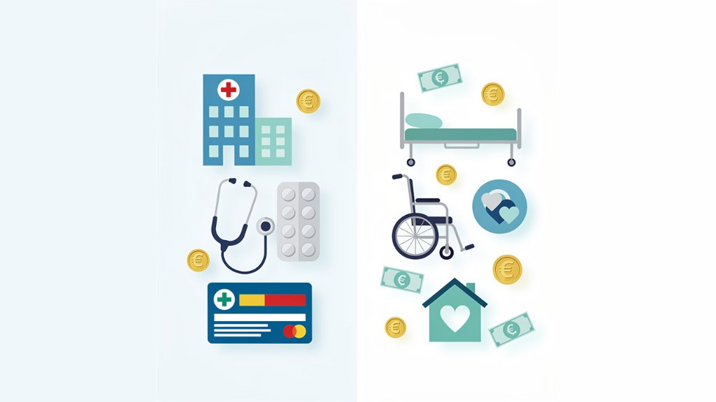 Symbolic image: Two-part illustration with healthcare symbols – on the left a hospital, stethoscope, tablets and health insurance card, on the right a care bed, wheelchair, house and banknotes