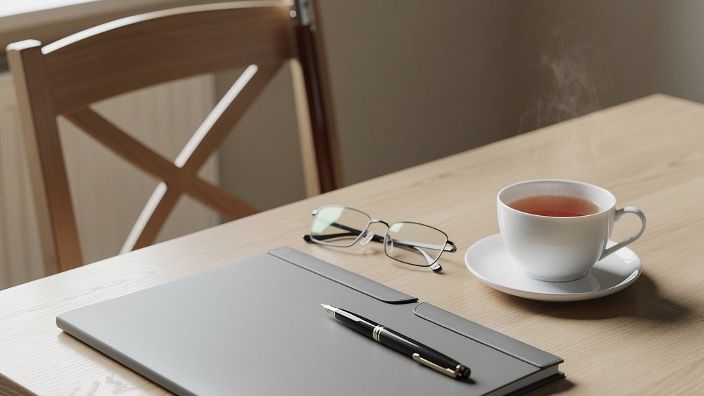 Symbolic image: Grey document folder with a fountain pen, reading glasses and a cup of tea on a light wooden table by the window, behind it a wooden chair with a dark red walking stick leaning against it