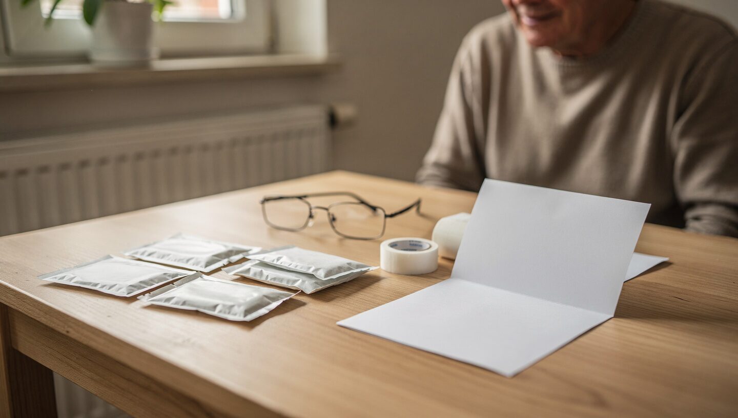Symbolbild: Wundauflagen in neutralen Verpackungen, eine Rolle Pflaster, eine Brille und ein aufgeklapptes Schreiben auf einem Holztisch, dahinter ein lächelnder älterer Mann