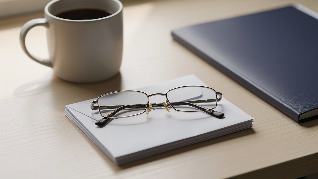 Symbolic image: Stack of white envelopes on a light wooden table by the window, with rimless reading glasses on top, next to a light-coloured coffee cup and a closed dark blue folder