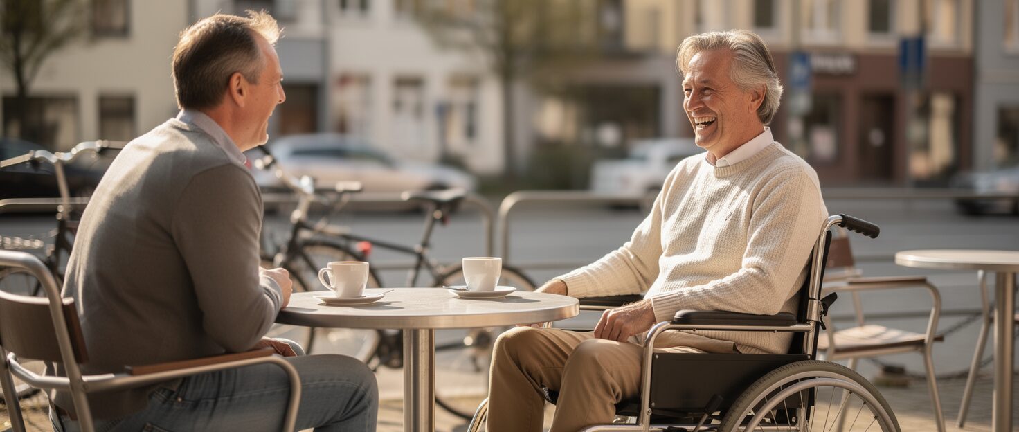 Symbolic image: A man in a wheelchair laughing with a friend on a sunny café terrace