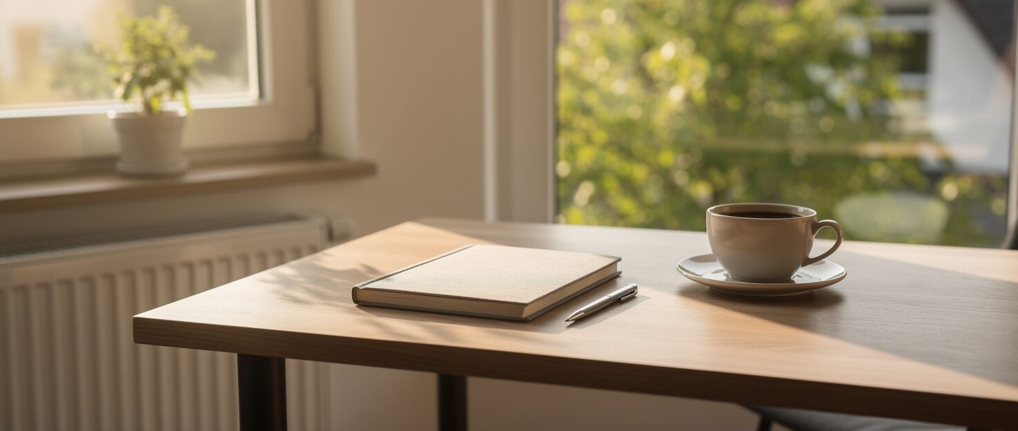 Symbolbild: Ein heller Schreibtisch am Fenster mit Notizbuch, Stift und einer Tasse Kaffee in der Morgensonne