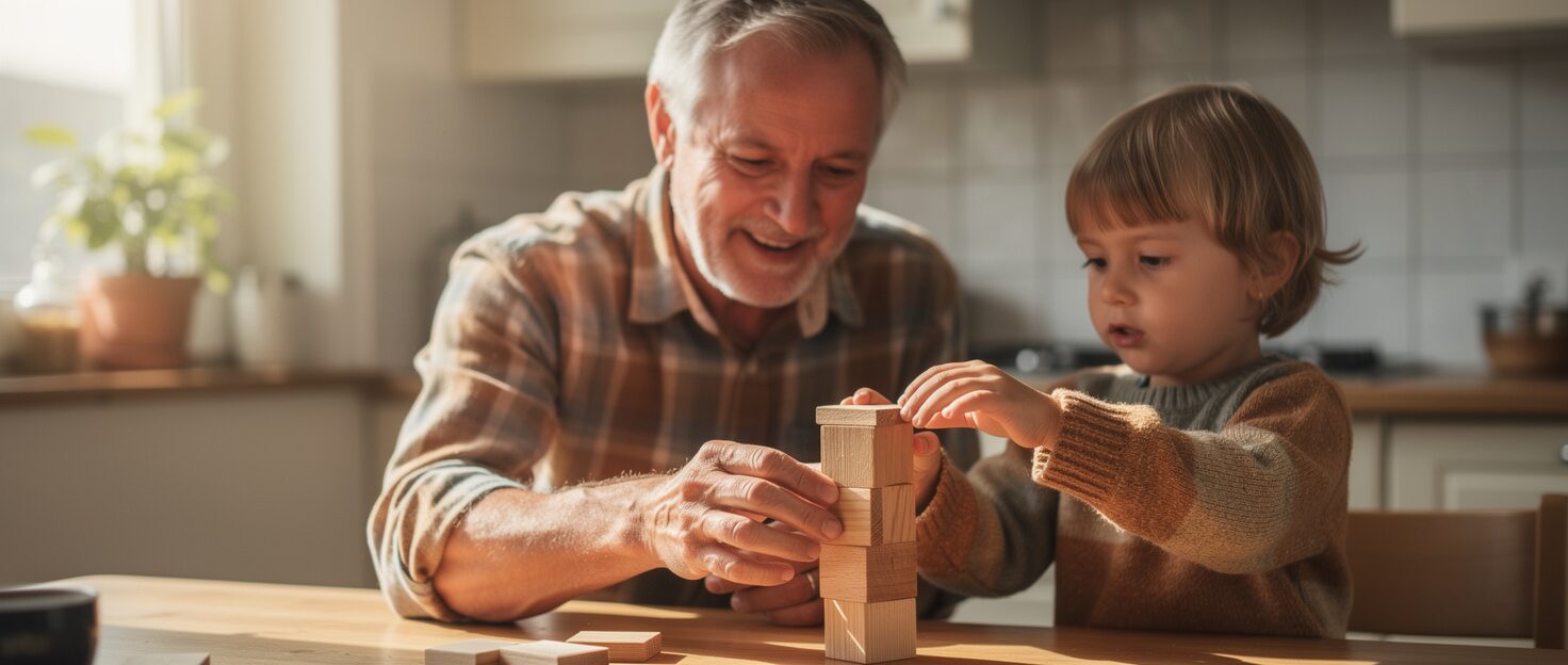 Symbolic image: A grandfather and his grandson building a tower of wooden blocks at the kitchen table