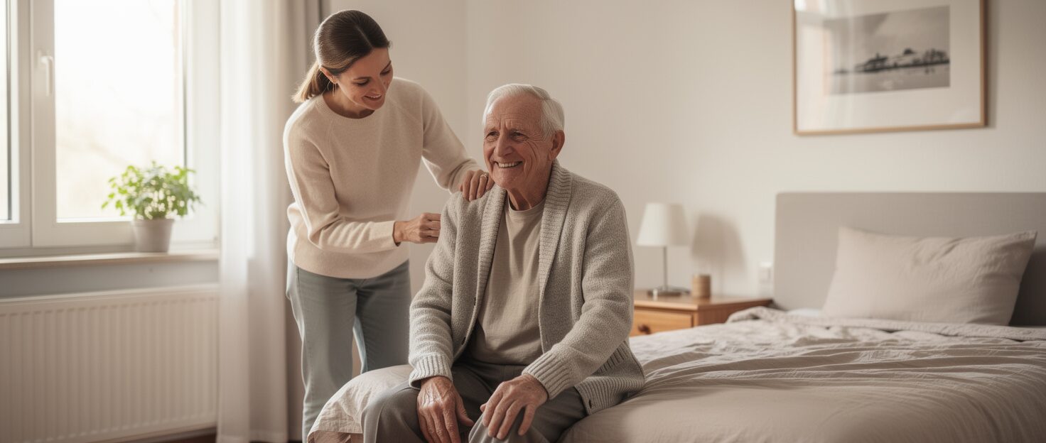Symbolic image: A daughter helping her elderly father into his cardigan in the bedroom, both smiling