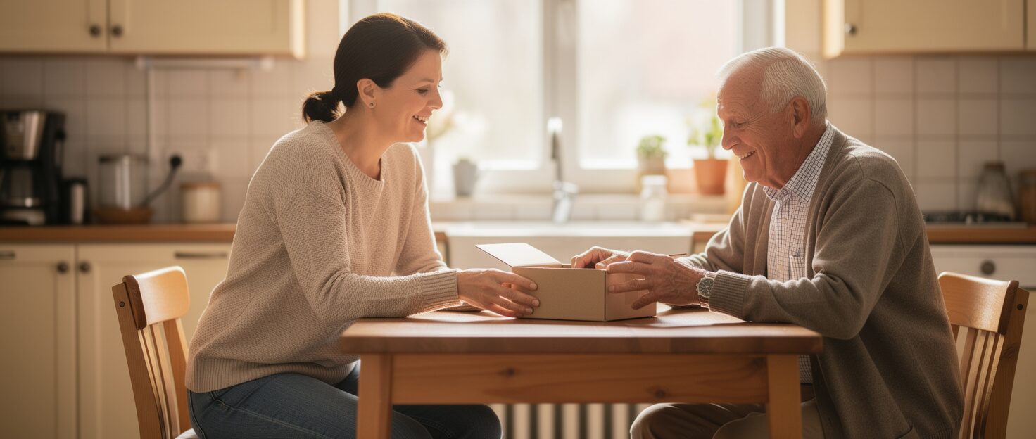 Symbolic image: An adviser unpacking a parcel with an older man at a kitchen table