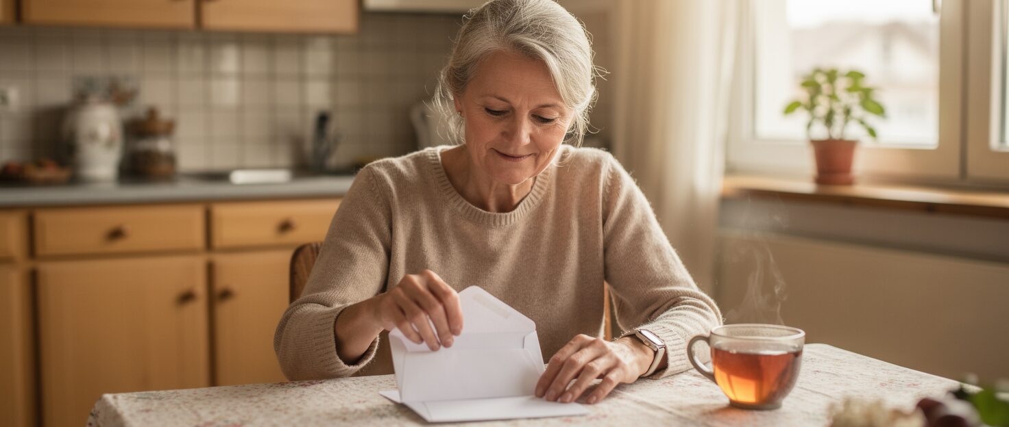 Symbolic image: A woman at a kitchen table putting a sheet of paper into an envelope