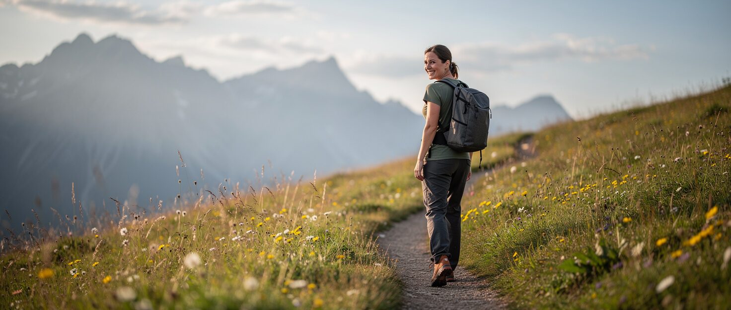 Symbolic image: A young woman with a rucksack hiking across an alpine meadow, turning round with a smile