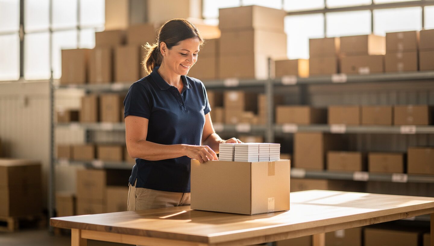 Symbolic image: A smiling employee in a dark blue polo shirt packing products into a shipping box in a bright warehouse