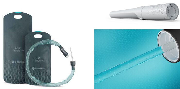 Einmalkatheter Luja von Coloplast in Verpackung, dazu Nahaufnahme der Katheterspitze mit vielen kleinen Öffnungen