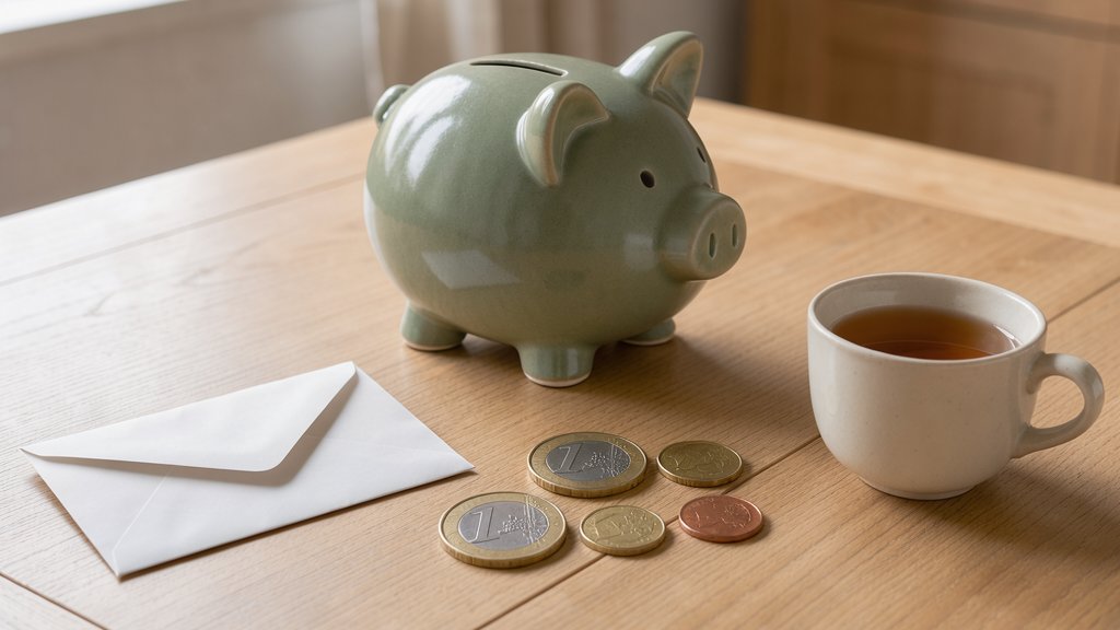 Symbolbild: Ein graugrünes Sparschwein auf einem Holztisch, davor ein weißer Briefumschlag und einige Euromünzen, daneben eine Tasse Tee