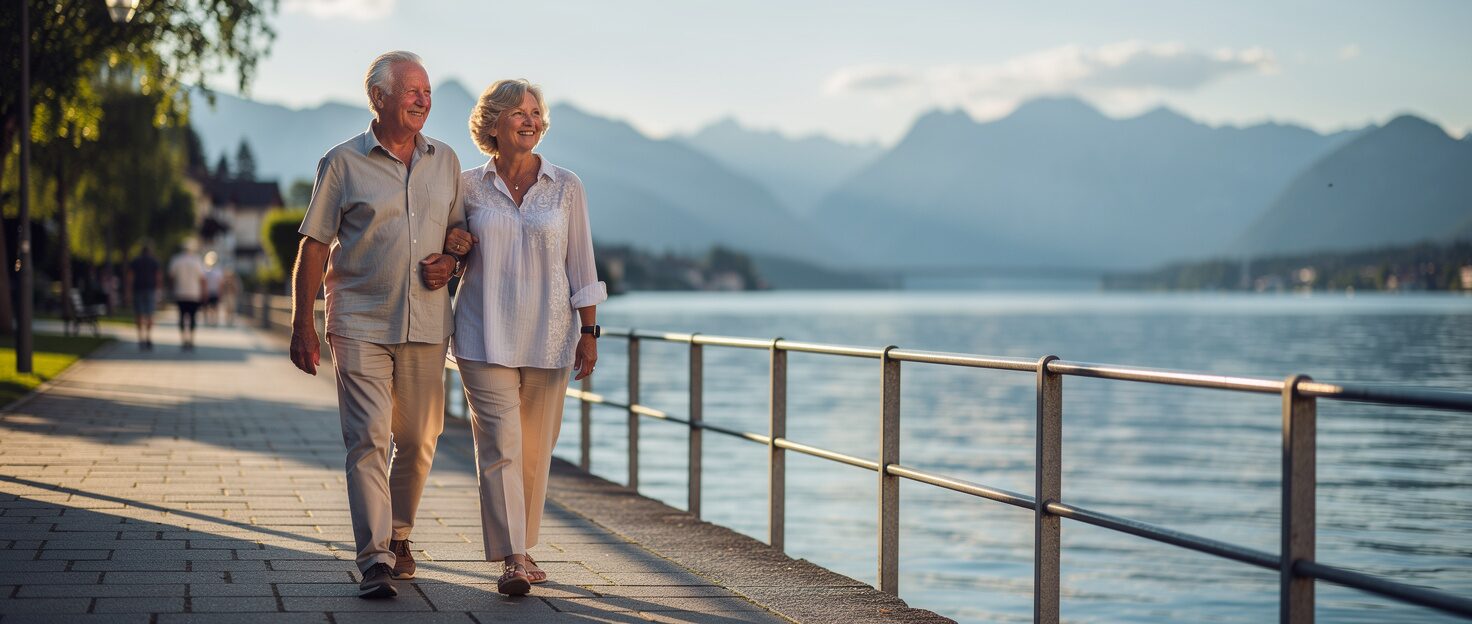 Symbolic image: an older couple walking arm in arm along a lakeside promenade, mountains in the background
